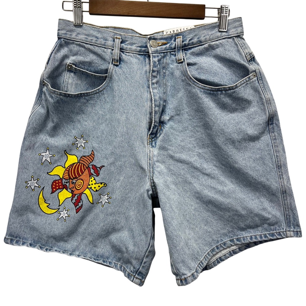 Carolina Blues Denim Shorts Womens 13/14 W29 Celestial Sun Moon Vintage READ